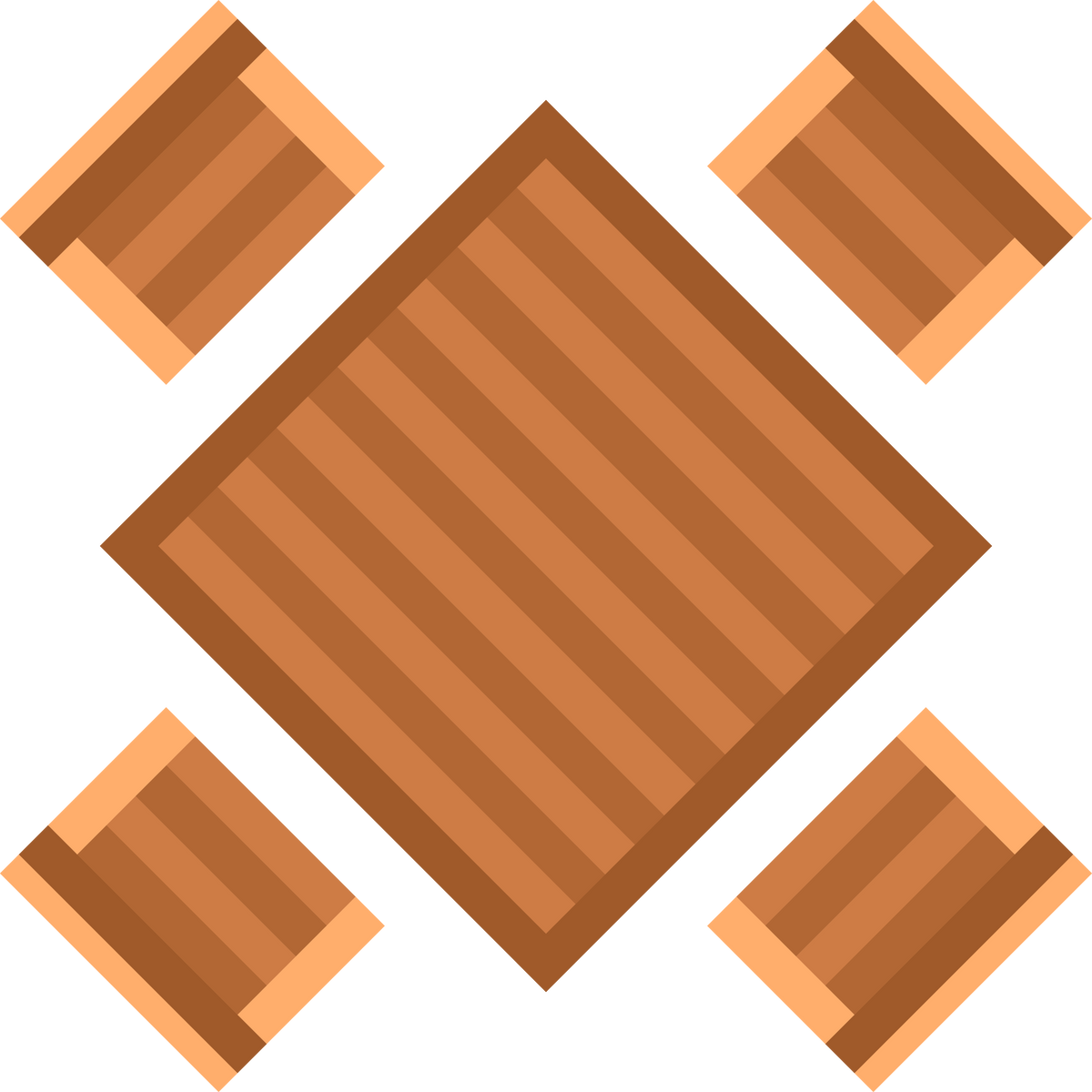 Garden square wooden table with chairs around the perimeter, furniture for outdoor plan. Vector illustration of patio and yard landscape element isolated on white. Architecture concept